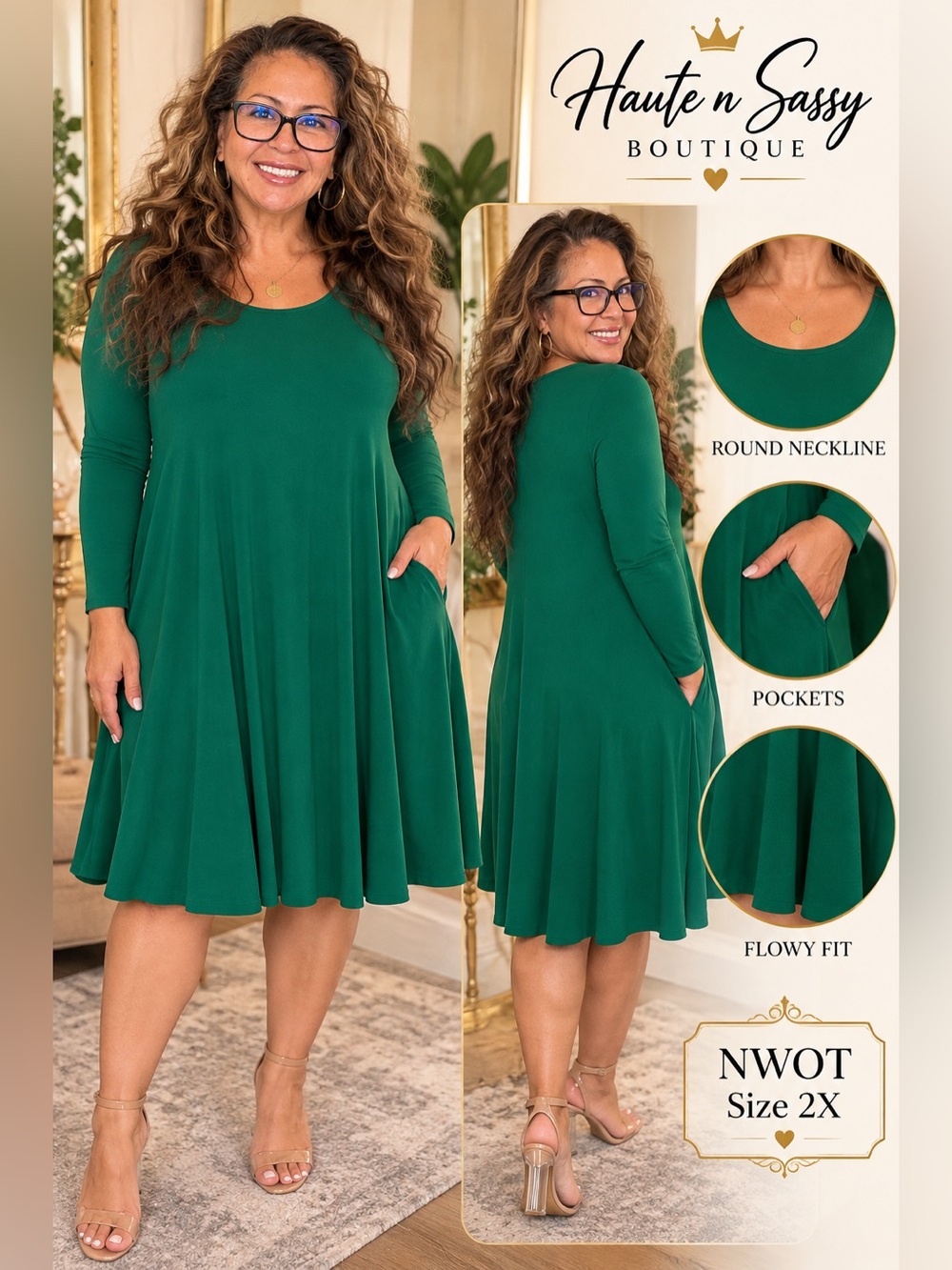 💚 NWOT Emerald Green A-Line Dress with Pockets – Size 2X